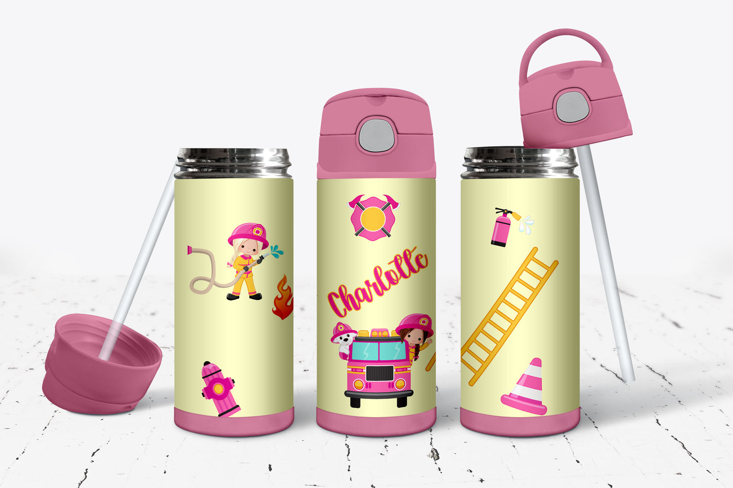 Firefighter Girl Sippy, Kid Cup, Kids cup and straw, Kids cup personalized, Kid cup with lid, Fire Truck Cup