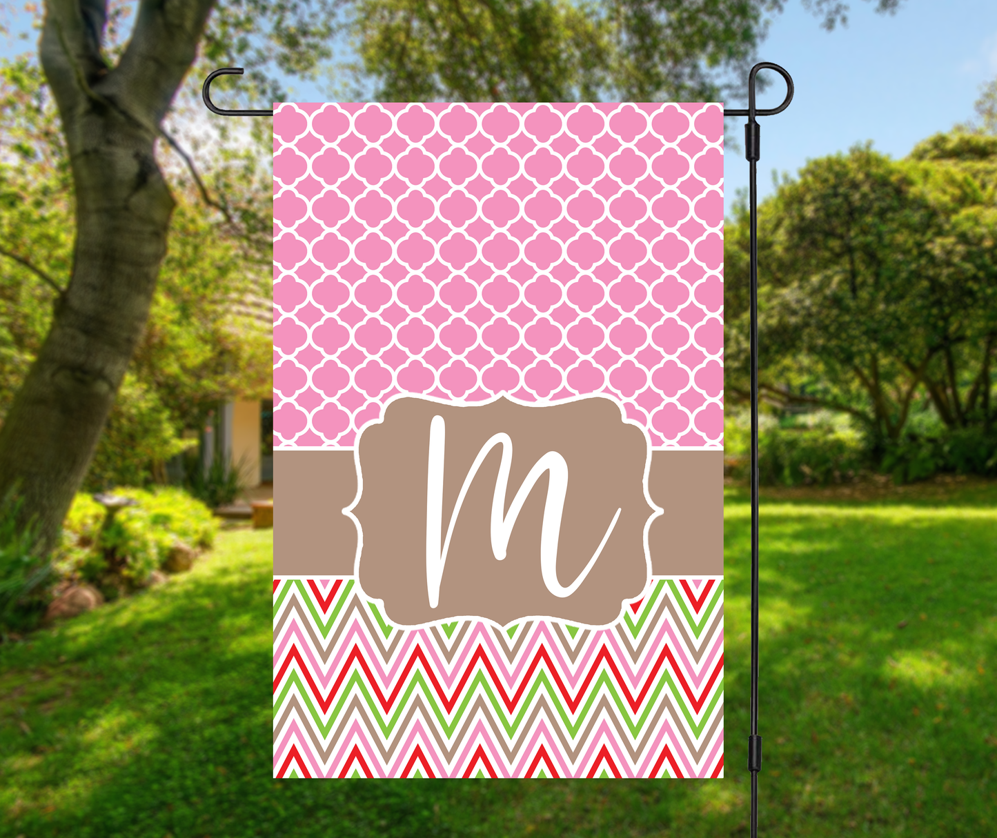 Pink Quatrefoil & Chevron Monogram Garden Flag