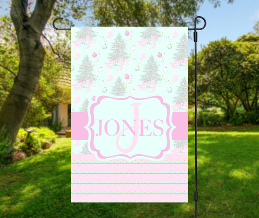 Personalized Pink & Green Christmas Tree Garden Flag