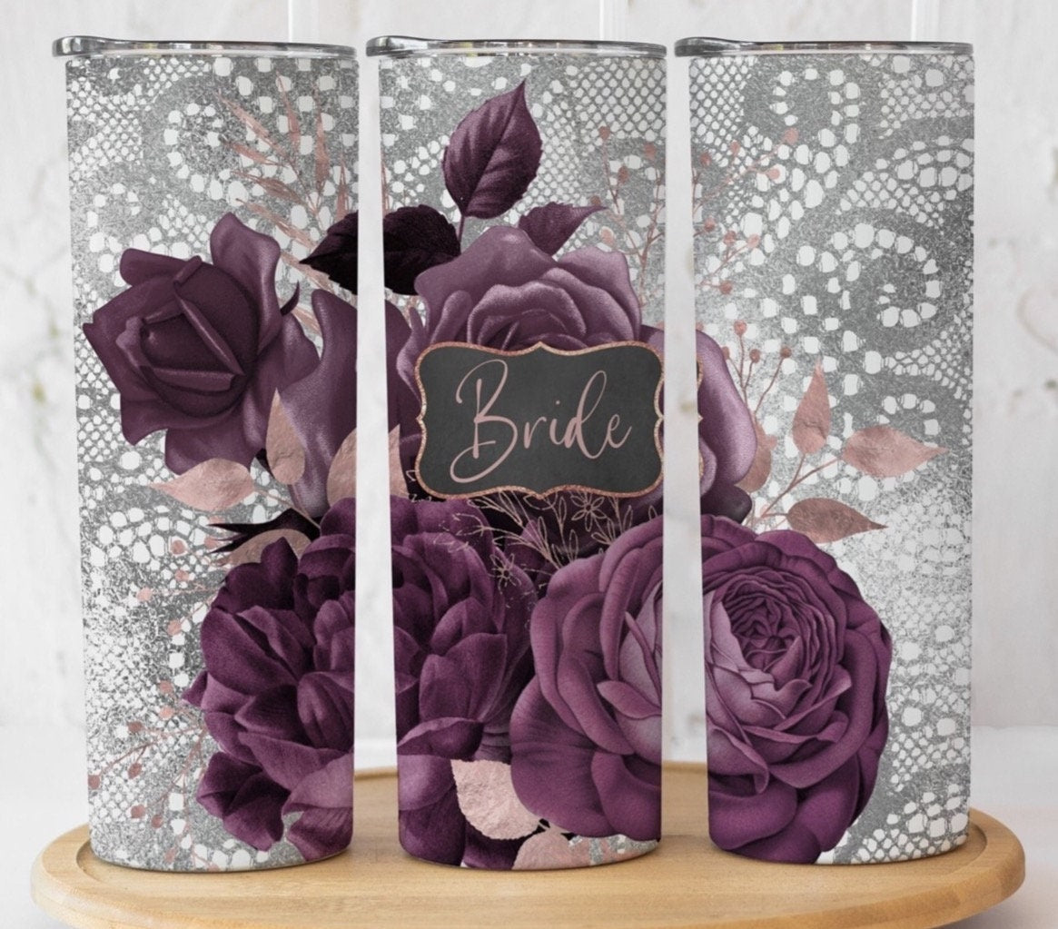 Bride Tumbler, Bride to be Gift, Bride Gift, Wedding Shower Gift, Boho Bride, Gifts for Bride, Wedding, Gift for her, Purple Wedding, Roses