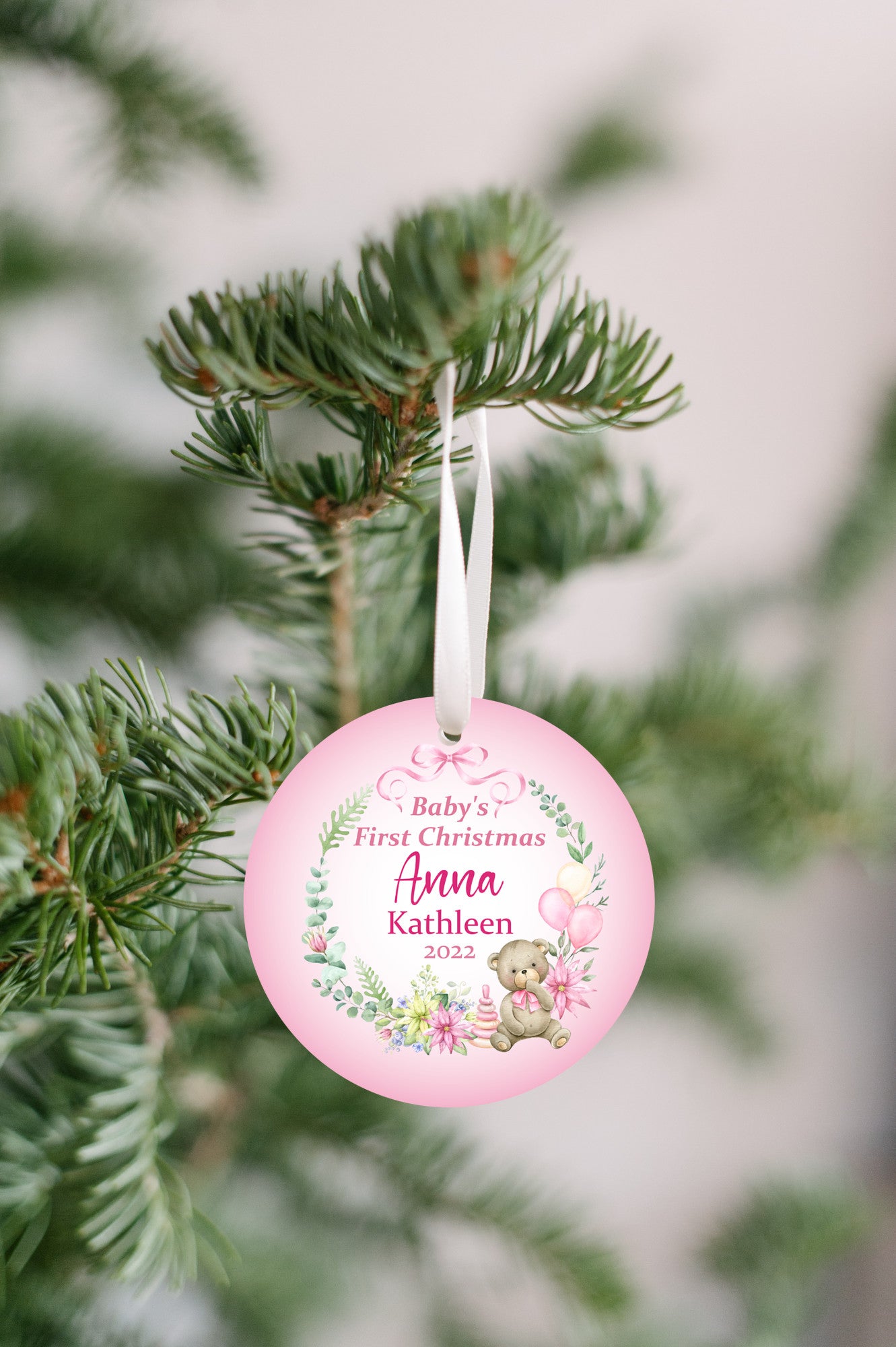 Pink First Christmas Teddy Ornament