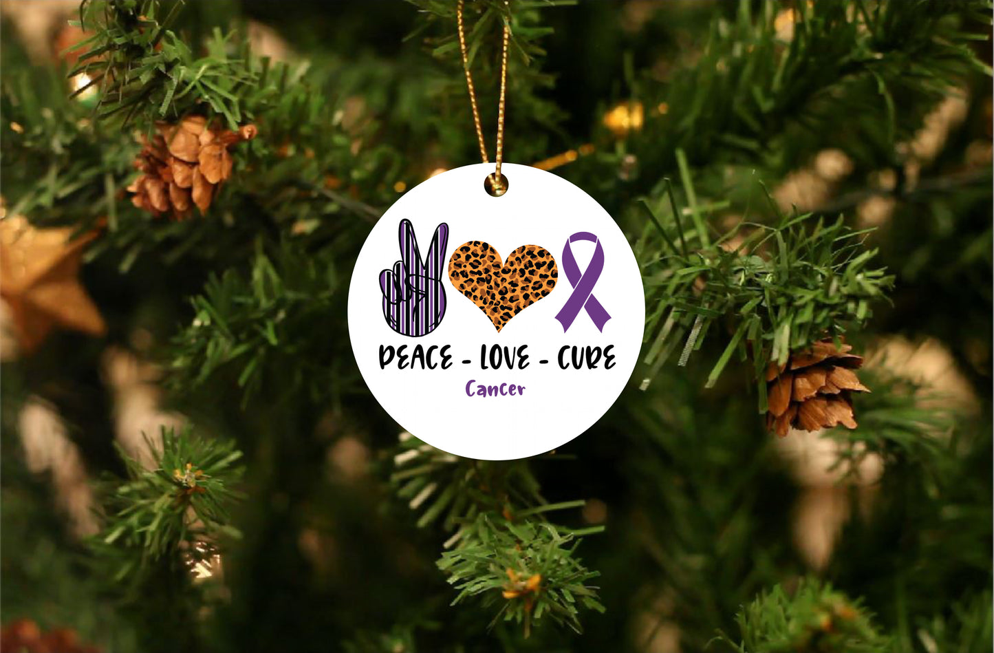 Peace, Love, Cure Cancer Ornament
