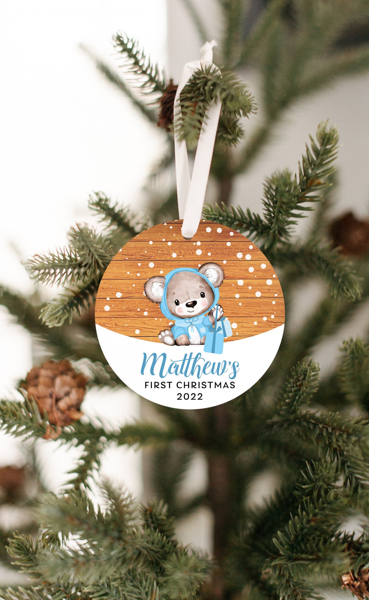 Personalized Blue Bear First Christmas 2022 Ornament