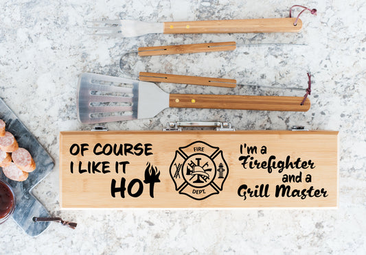 Firefighter And Grillmaster BBQ Grilling Set-Laser Engraved Bamboo