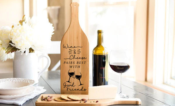Wine & Cheese Pairs Best With Best Friends Bamboo Wine Bottle Shaped Cutting Board