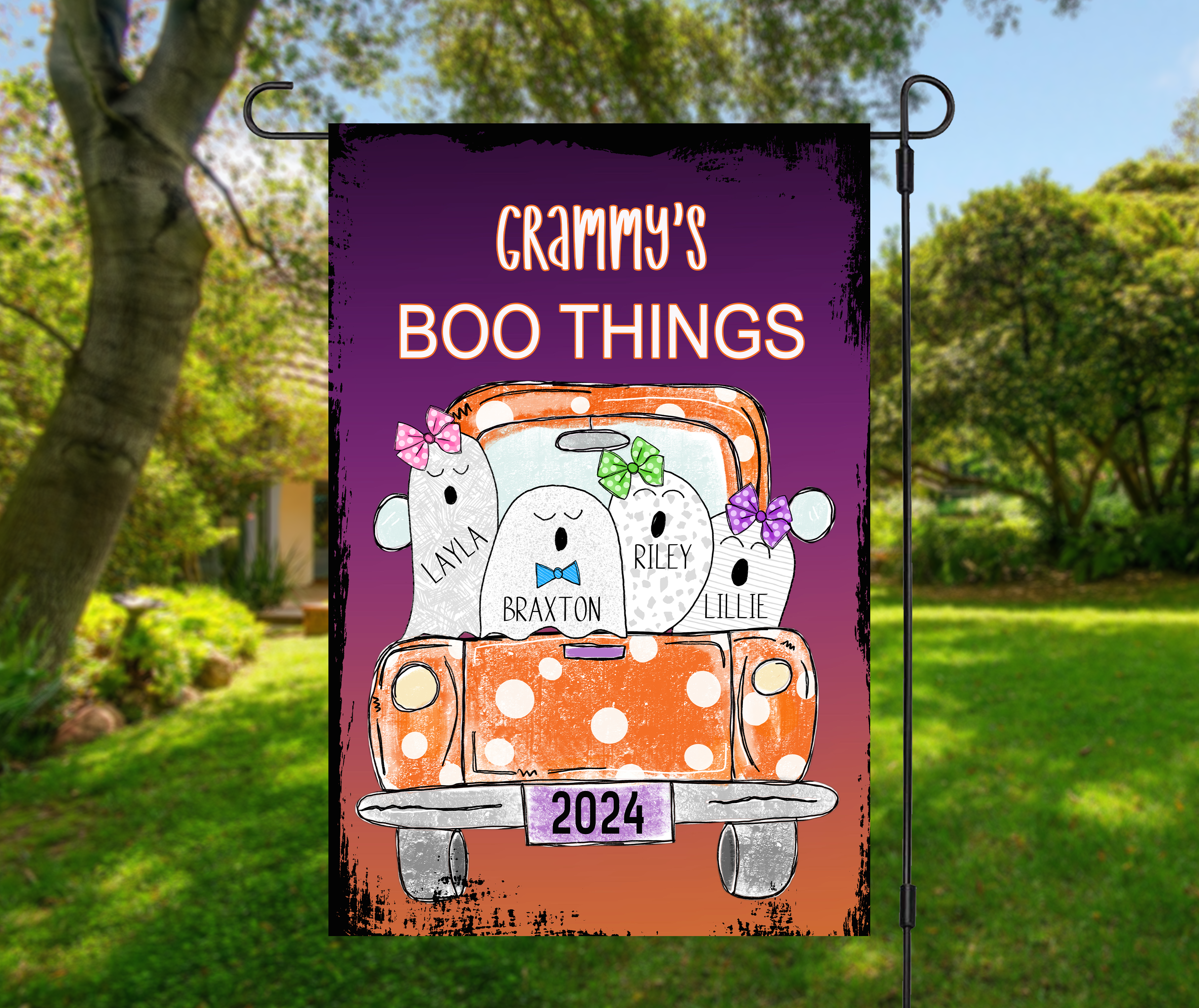 Personalized Grandma’s Boo Things Halloween garden flag with named ghosts riding in an orange truck